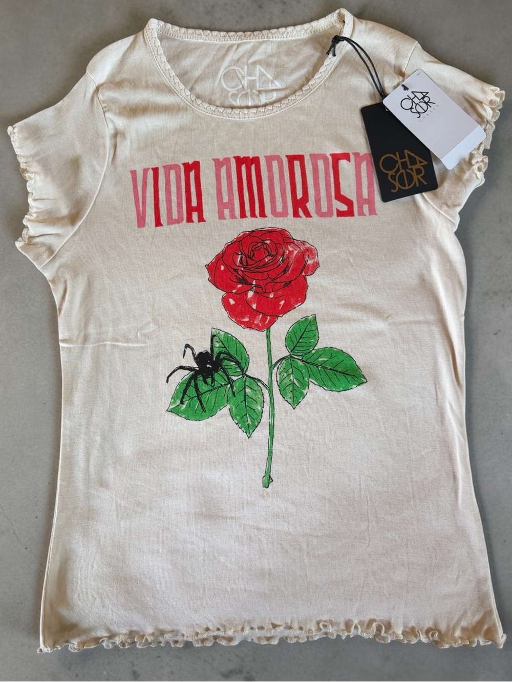 Chaser Cream Vida Amorosa Rose Graphic Tee with Red Rose